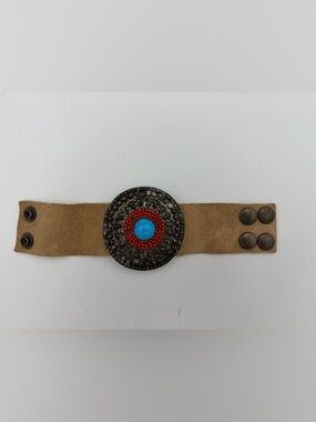 Turquoise & Red Suede Cuff Bracelet with Decorative Concho